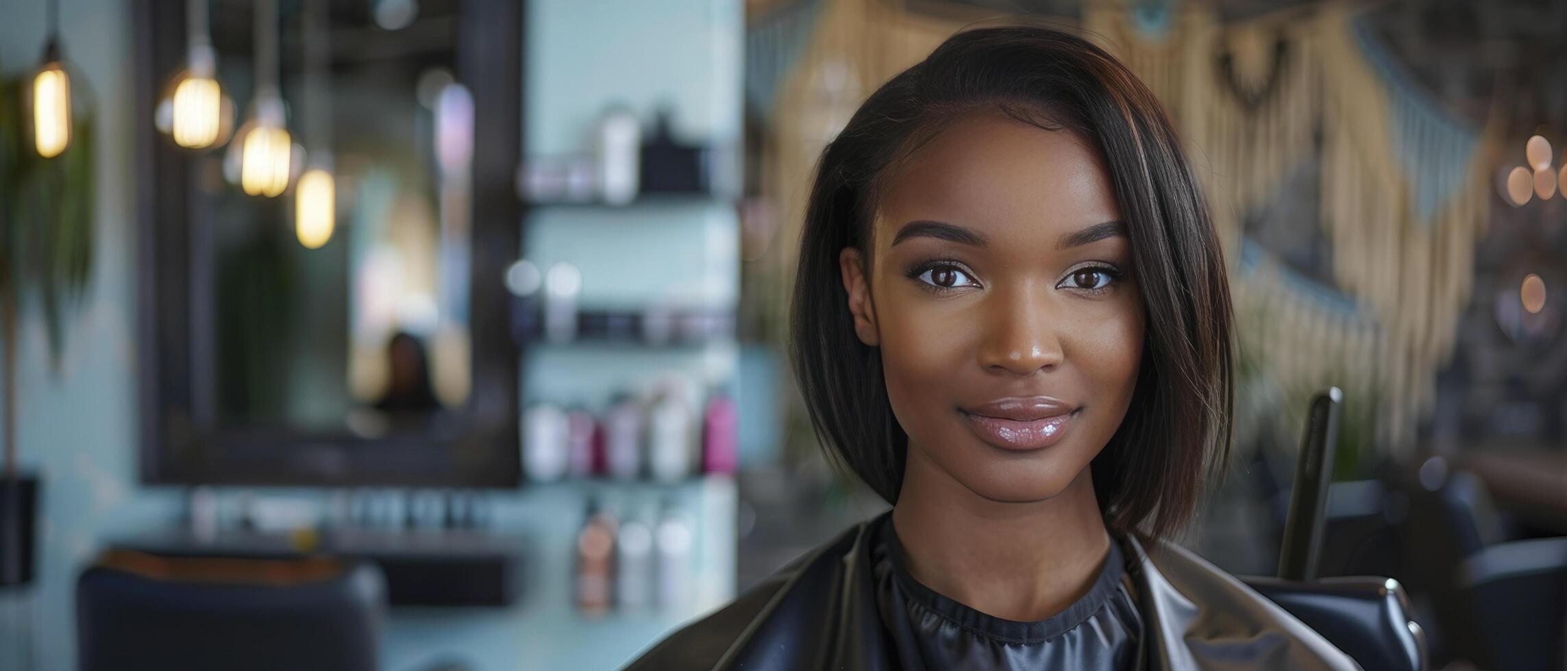 ai generiert afrikanisch amerikanisch Modell- Frau mit Gerade wellig Haar im ein modern Salon Innere foto