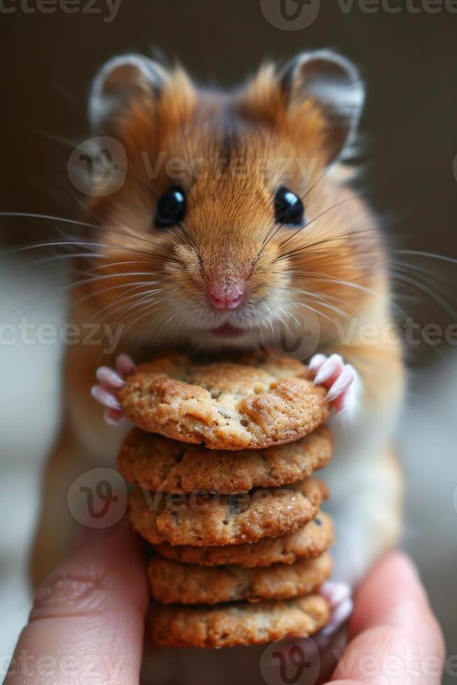 ai generiert hungrig Haustier Hamster isst Kekse drinnen foto