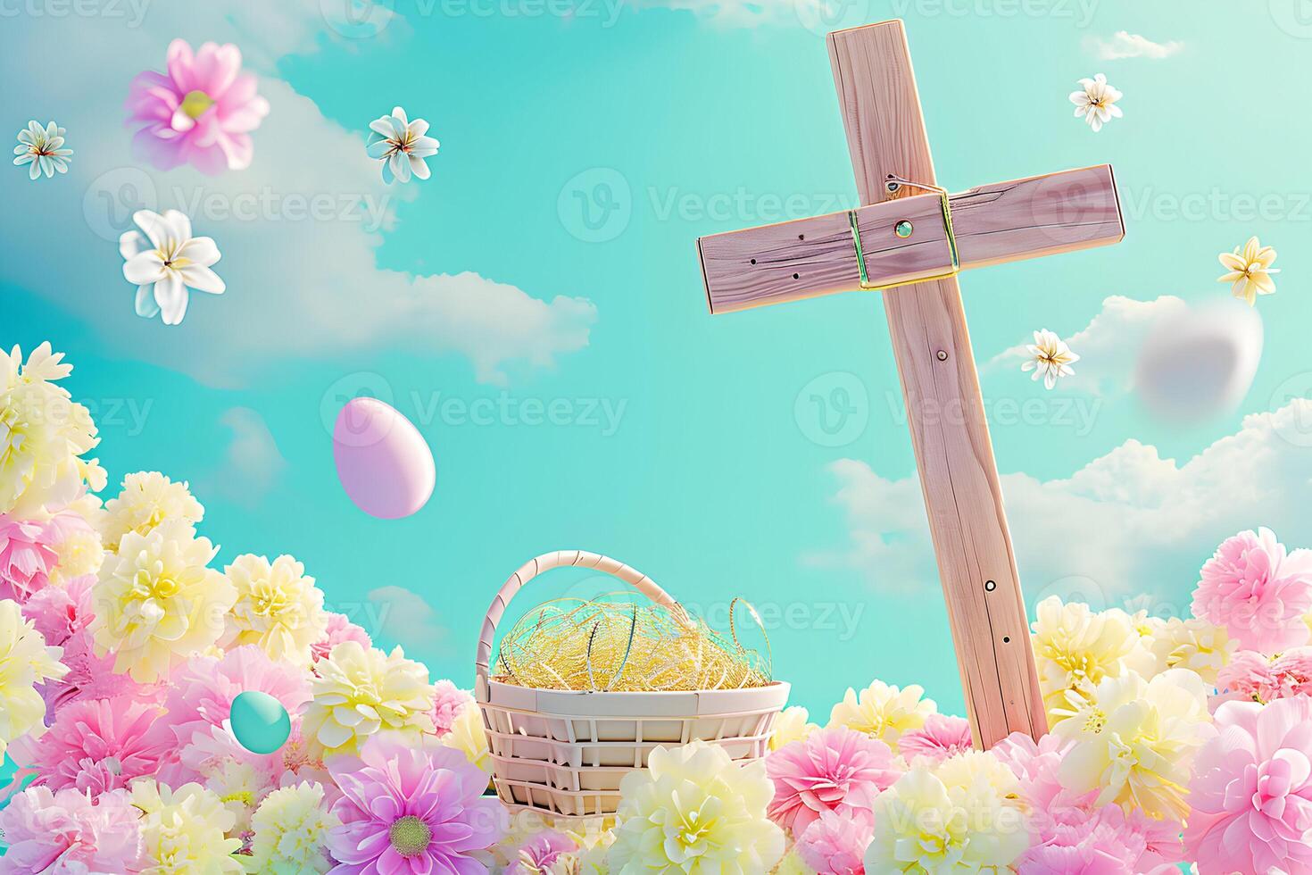 ai generiert Jesus Kreuz Ostern Zeichen Symbol mit Ostern Ornamente Ostern Schöne Grüße foto