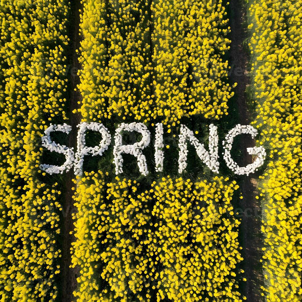 ai generiert Hallo Frühling Blumen- Hintergrund mit Frühling Text zum Design glücklich Frühling Schöne Grüße foto