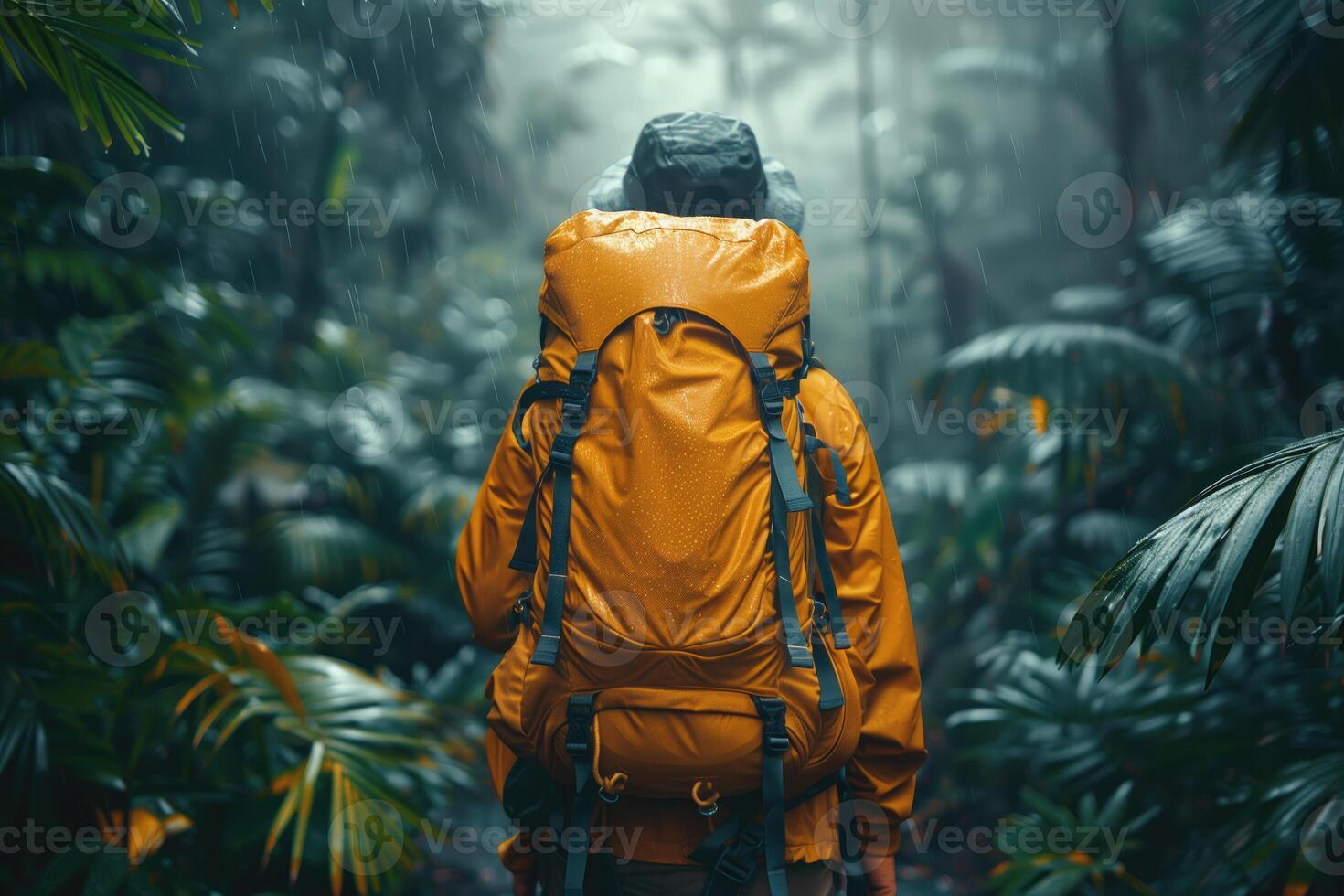 ai generiert Backpacker mit Rucksack Wandern im Regen Wald. Reise und Fernweh Konzept. foto