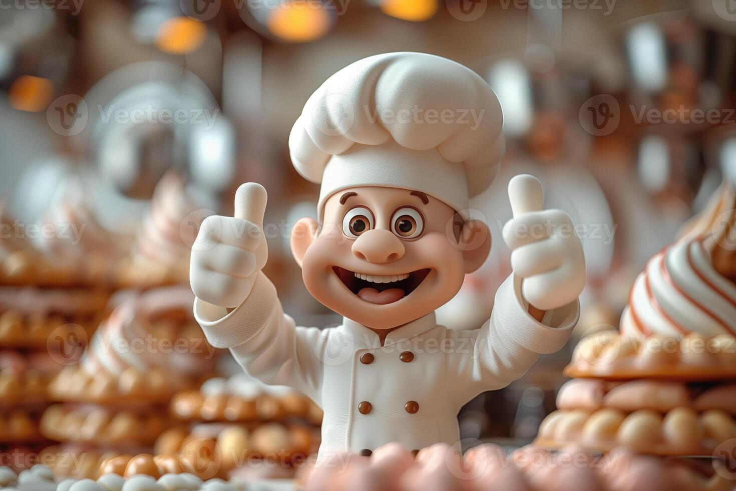 ai generiert süß wenig Koch Junge mit ein Lächeln im ein Hut und ein Koch Uniform foto