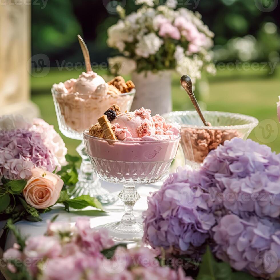 ai generiert Eis Sahne Nachspeisen Buffet Tisch, Veranstaltung Essen Gastronomie zum Hochzeit, Party und Urlaub Feier, Eis Cremes und Blumen Dekor im ein Blumen- Landschaft Garten, generativ ai foto