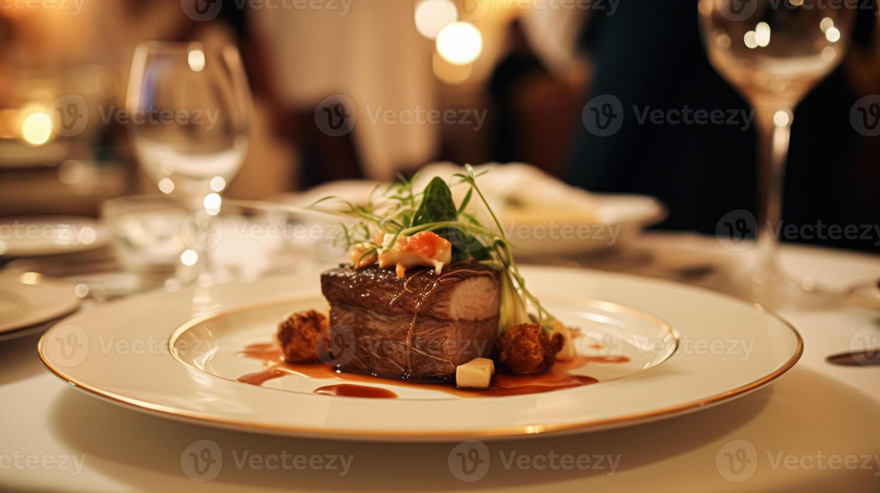 ai generiert exquisit Main Kurs Mahlzeit beim ein Luxus Restaurant, Hochzeit Essen Gastronomie und Englisch Küche foto