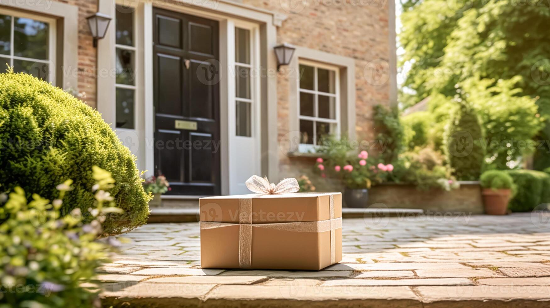 ai generiert elegant Geschenk Geschäft Lieferung, Post- Bedienung und Luxus online Einkaufen, Paket Box mit ein Bogen auf ein Haus Haustür im das Landschaft, generativ ai foto