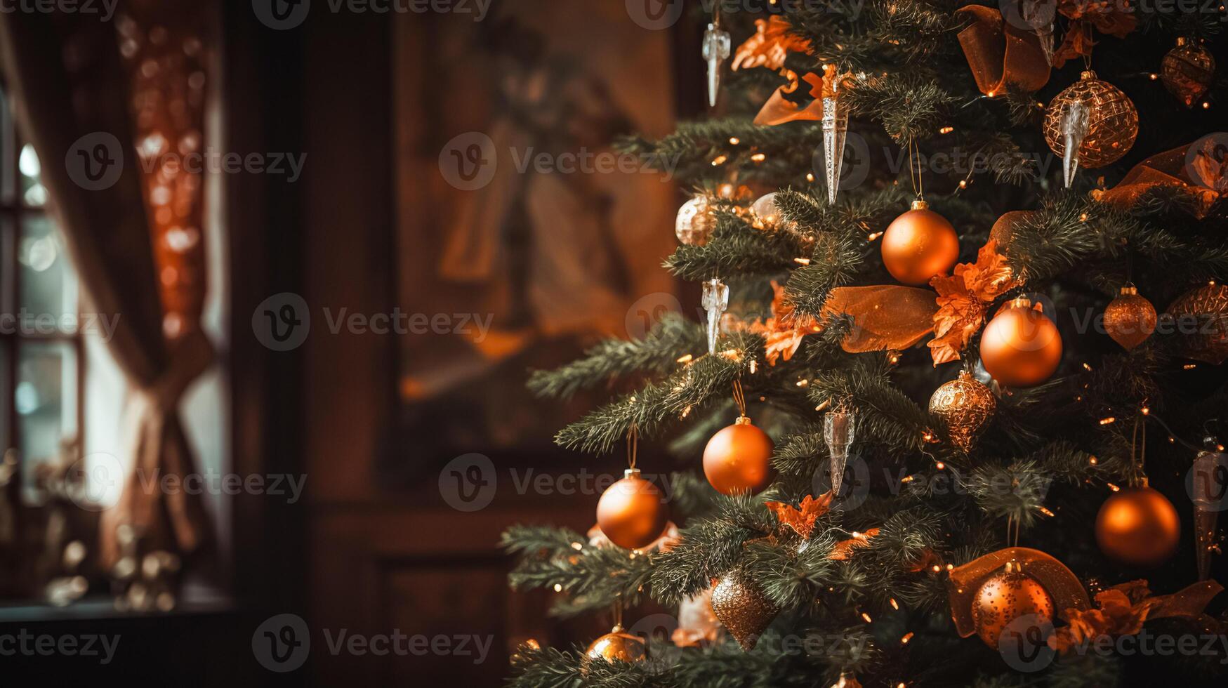 ai generiert Weihnachten Baum Dekorationen zum das Englisch Land Hütte, Zuhause Dekor, Haus im das Landschaft und Urlaub Feier foto