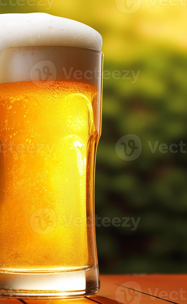 ai generiert Glas von kalt Bier mit Schaum, Pint von Original Prämie Bier trinken, Alkohol Geschmack und Urlaub Feier foto