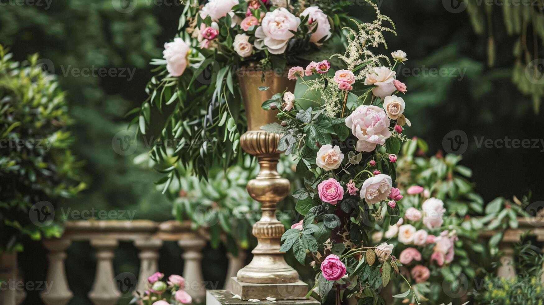 ai generiert Hochzeit Dekoration mit Pfingstrosen, Blumen- Dekor und Veranstaltung Feier, Pfingstrose Blumen und Hochzeit Zeremonie im das Garten, Englisch Land Stil foto