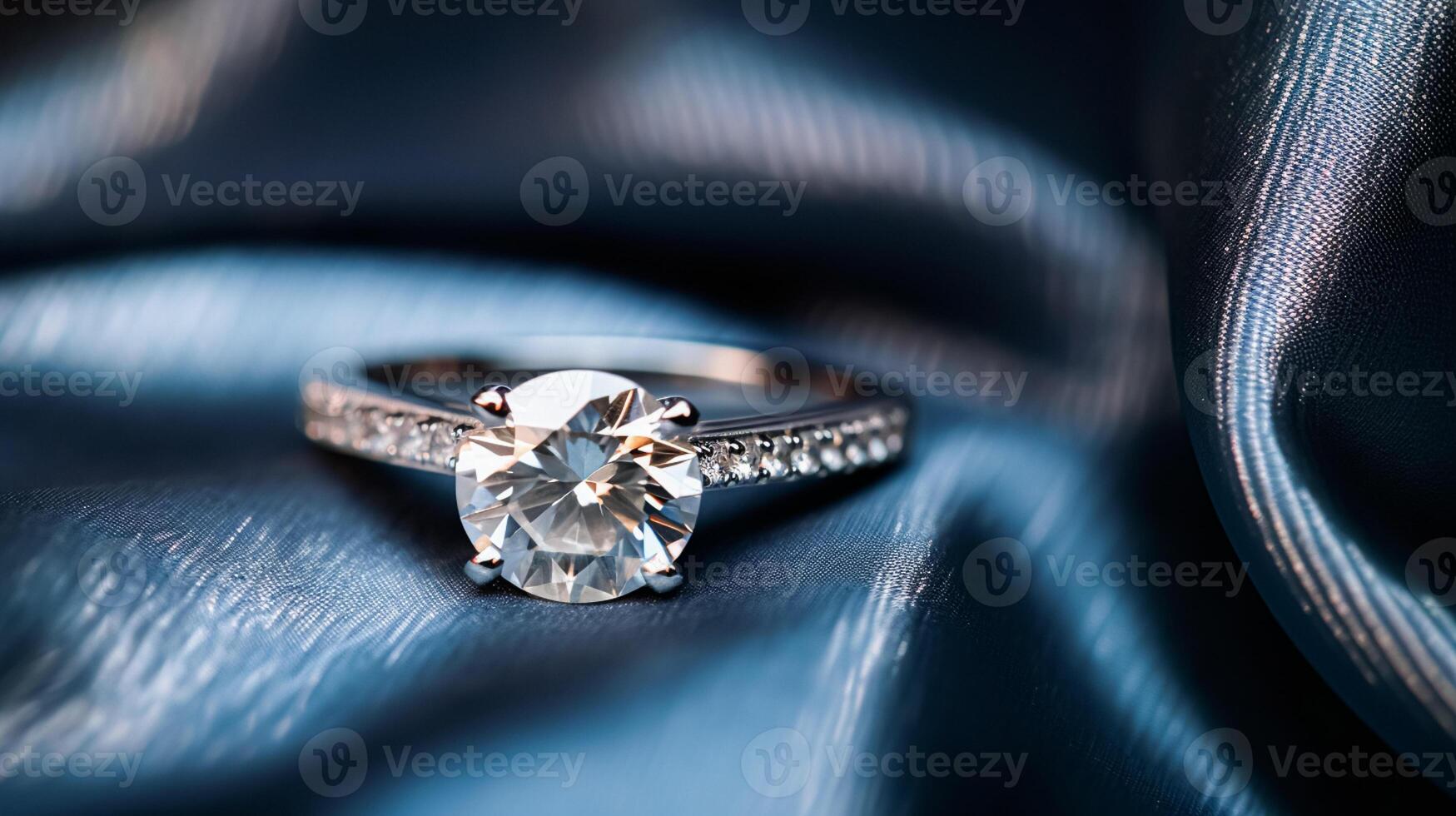 ai generiert Schmuck, Vorschlag und Urlaub Geschenk, Diamant Engagement Ring auf Seide Stoff, Symbol von Liebe, Romantik und Engagement foto