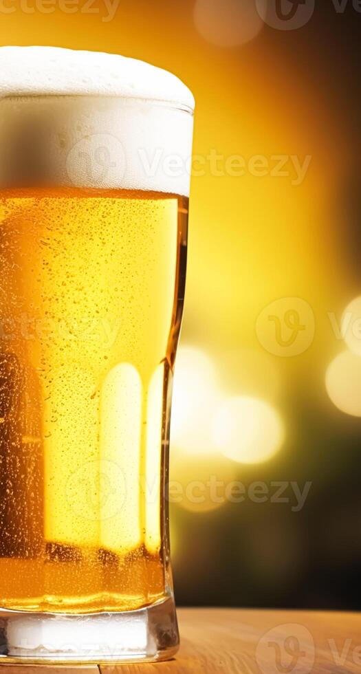 ai generiert Glas von kalt Bier mit Schaum, Pint von Original Prämie Bier trinken, Alkohol Geschmack und Urlaub Feier foto