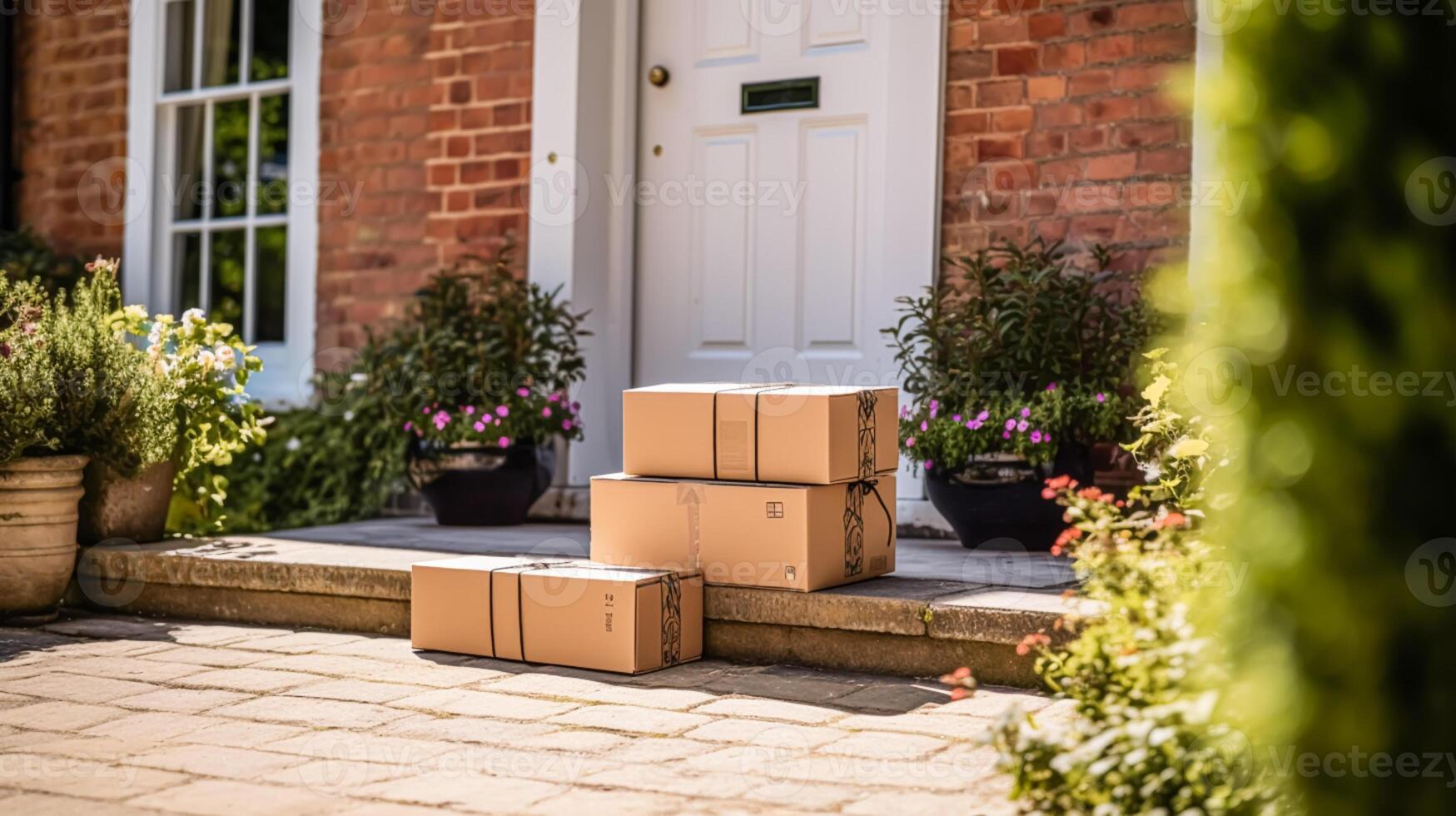 ai generiert Post- Service, Zuhause Lieferung und online Einkaufen, Paket Box auf ein Haus Haustür im das Landschaft, generativ ai foto