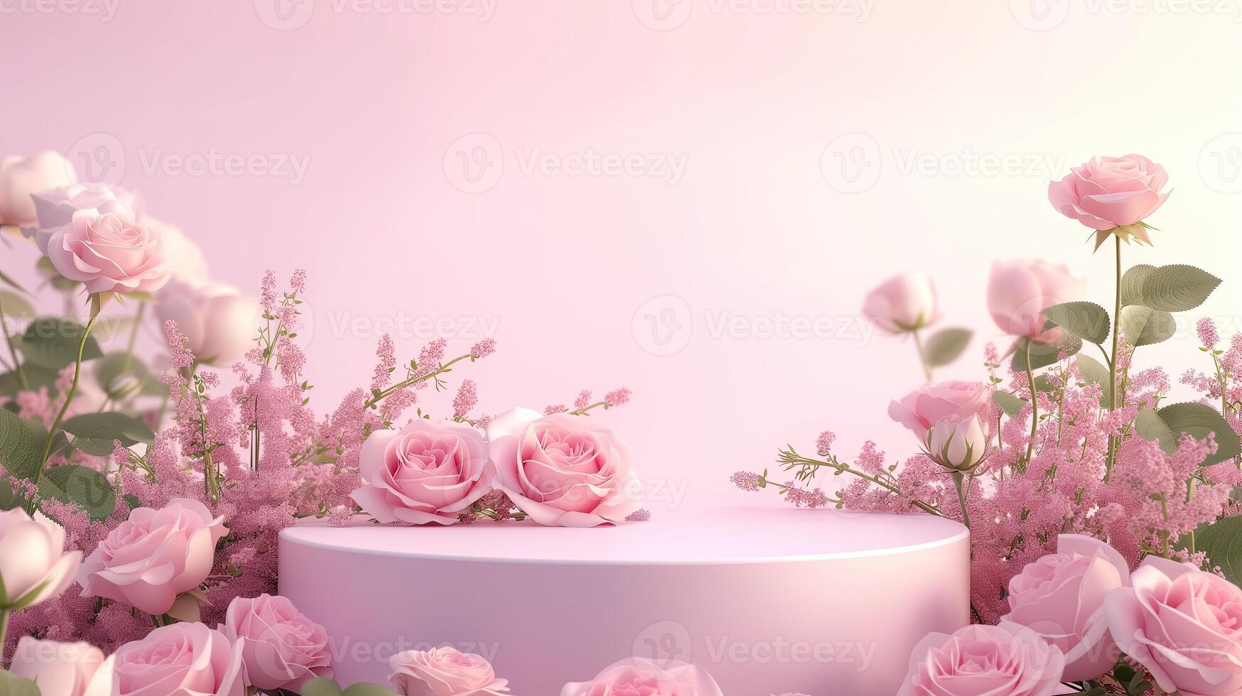 ai generiert ein Produkt Anzeige Podium Bühne mit ein Rosa Hintergrund geschmückt mit Rosa Blumen foto
