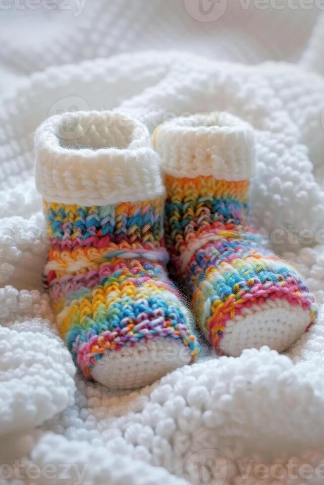 ai generiert gestrickt Kinder- Schuhe gemacht von natürlich mehrfarbig handgemacht wolle. Wärme und Komfort zum Neugeborene foto