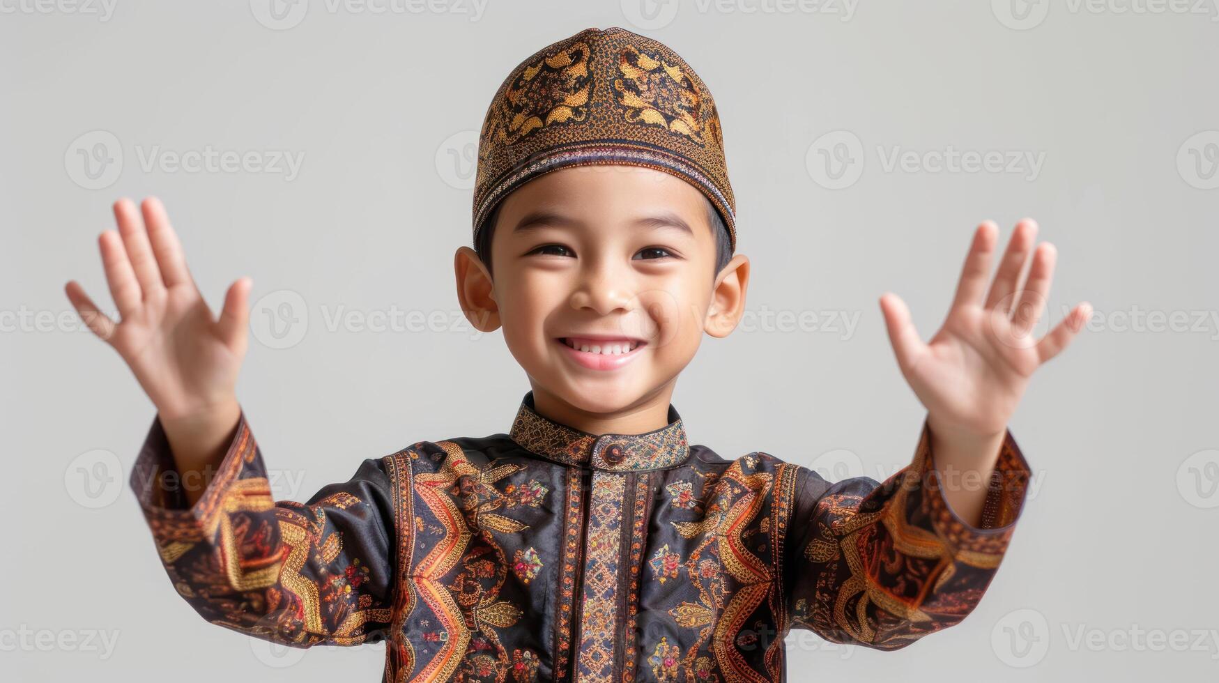 ai generiert glücklich süß asiatisch Junge Gruß Ramadhan foto