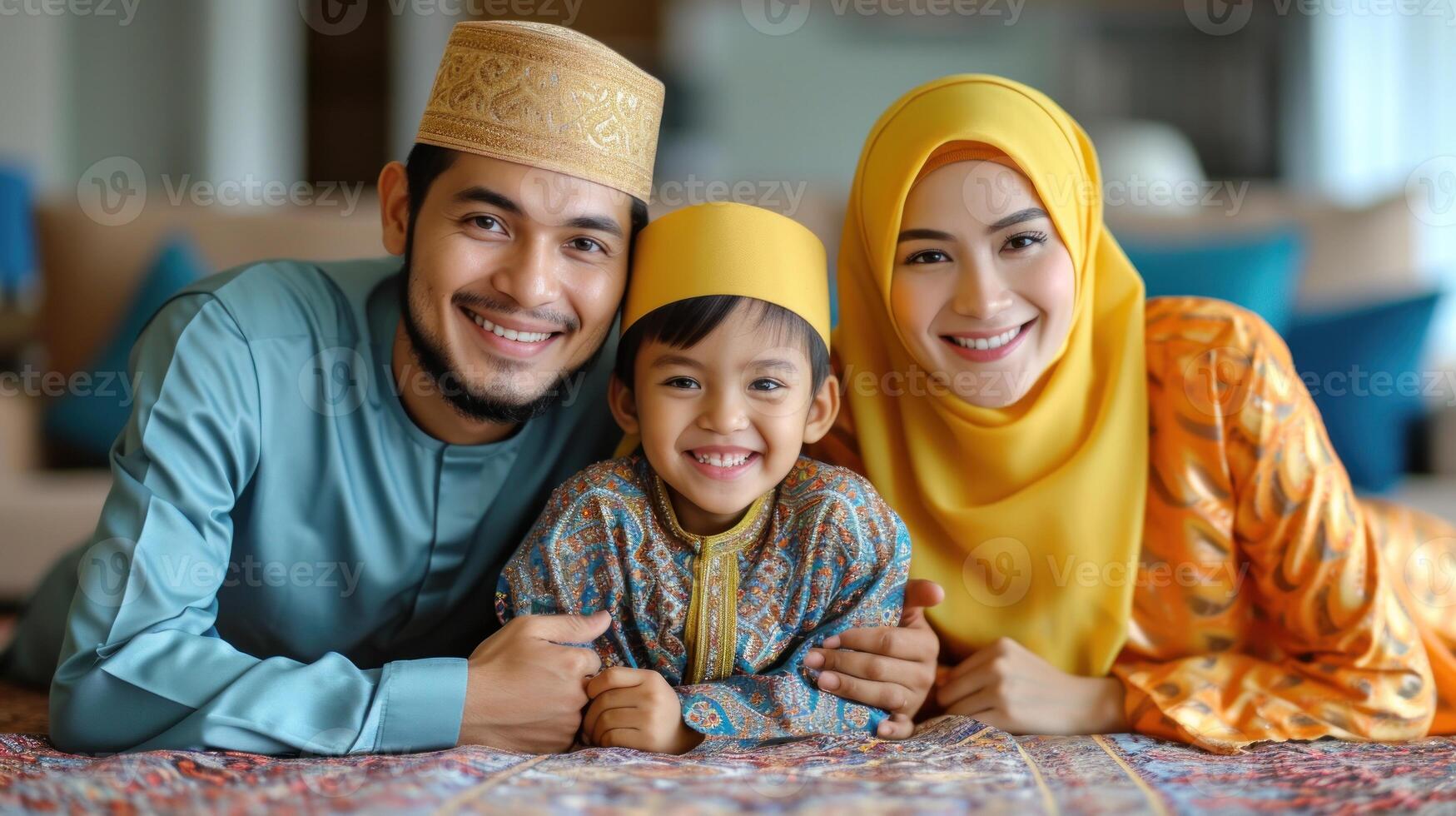 ai generiert glücklich Lächeln asiatisch Muslim Familie im Ramadhan Feier foto