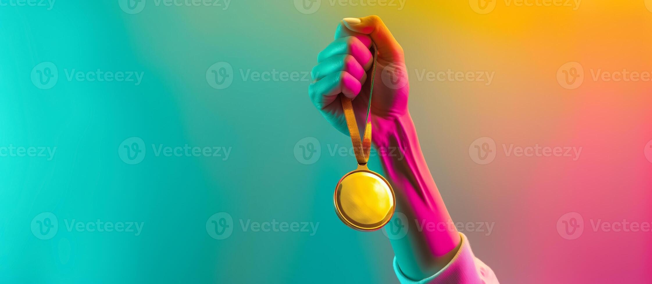 ai generiert triumphierend Hand erziehen Gold Medaille, Paris Olympia Thema foto