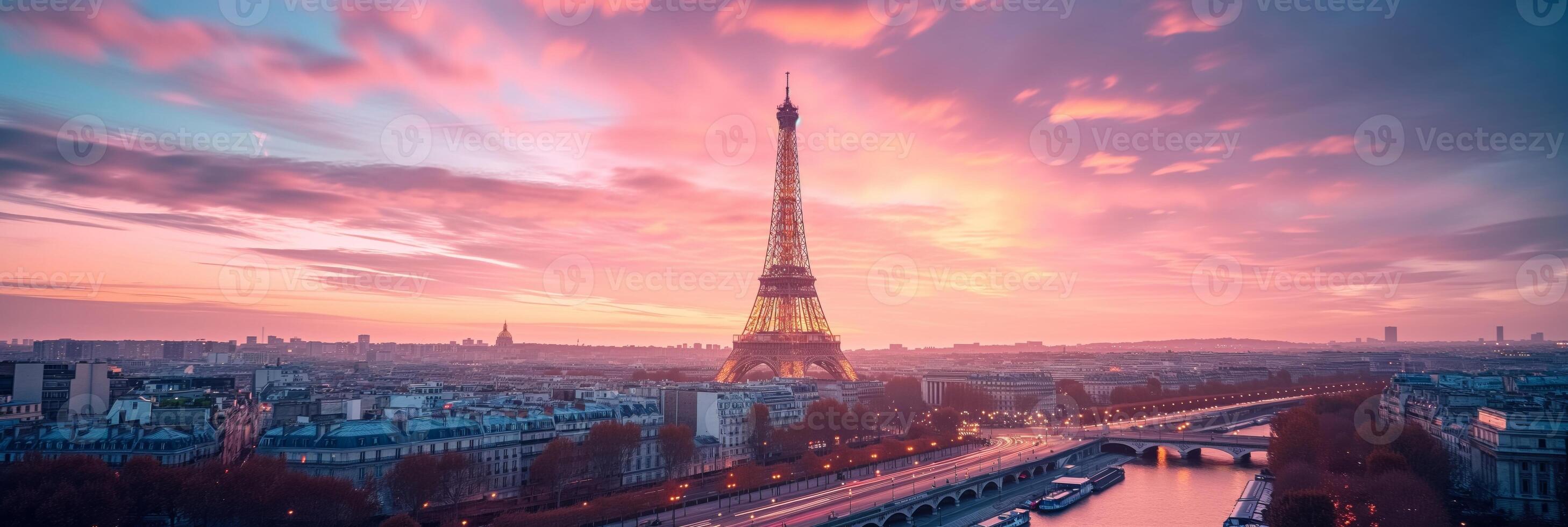 ai generiert Eiffel Turm Sonnenaufgang Panorama mit Kopieren Raum foto