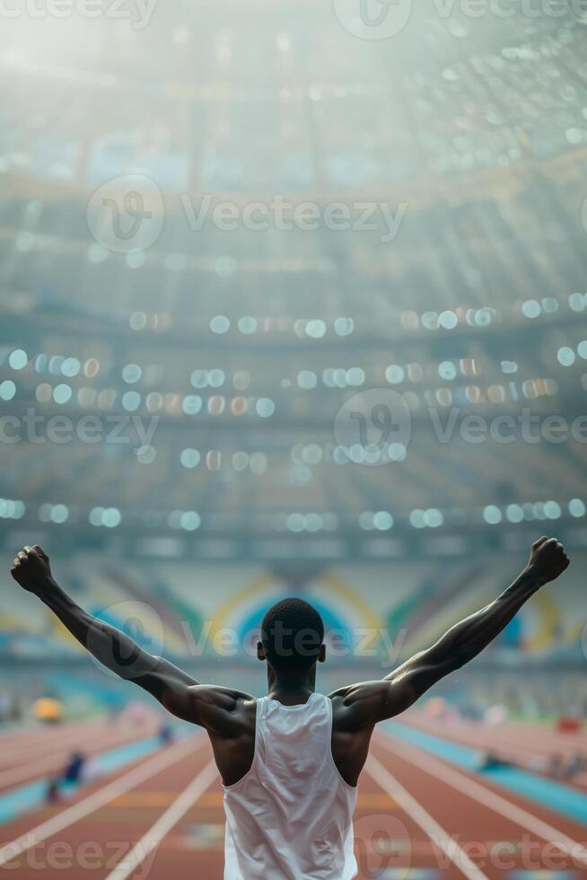 ai generiert afrikanisch Sportler Triumph auf Paris Spur foto