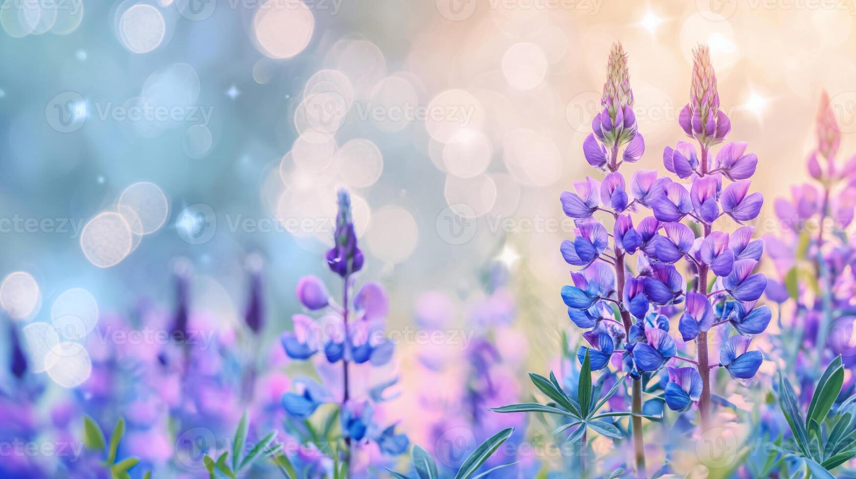 ai generiert Blau Lupine blüht mit verträumt Bokeh foto