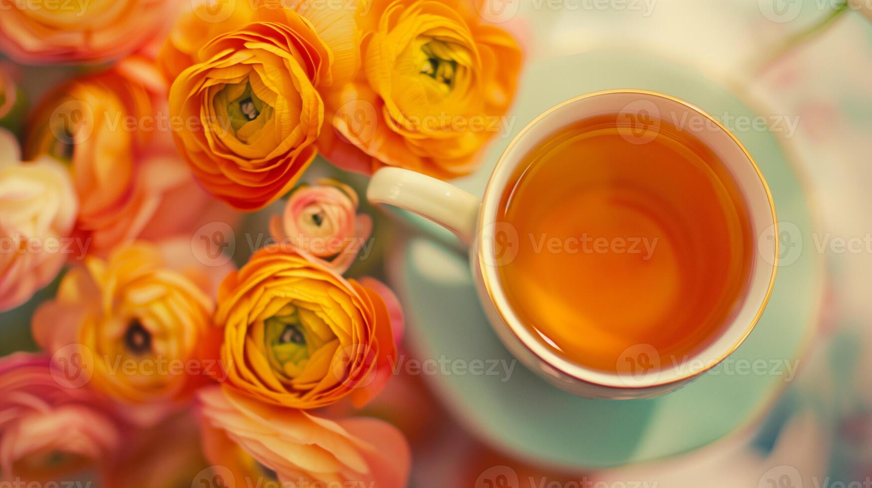 ai generiert Frühling Tee Zeit, Pastell- Ranunkel Strauß foto