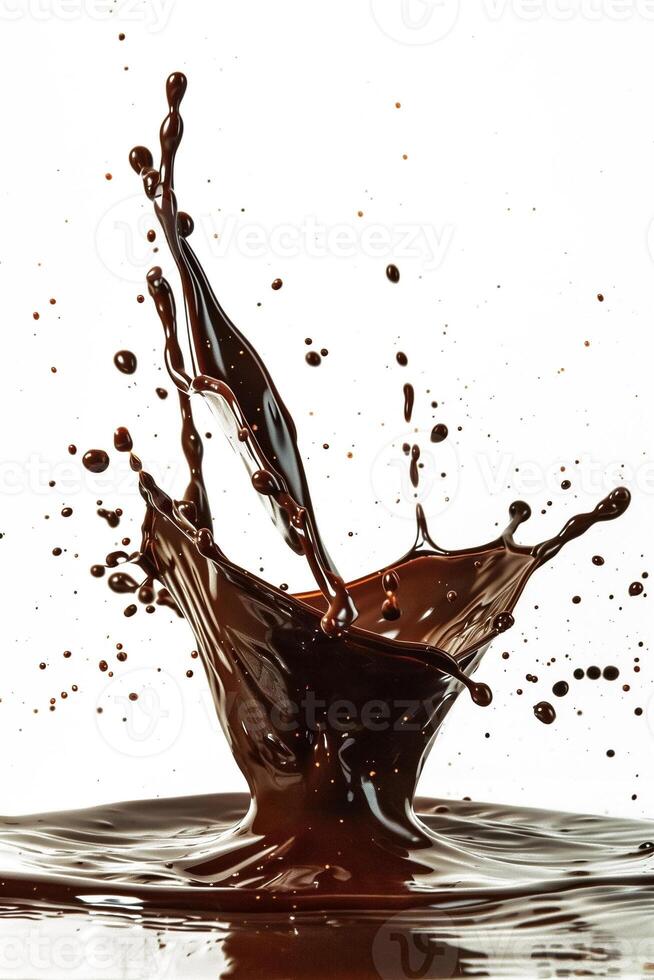 ai generiert dynamisch Schokolade Spritzen mit Tröpfchen isoliert auf Weiß Hintergrund, Konzept zum Chocolatiers und Dessert Werbung foto