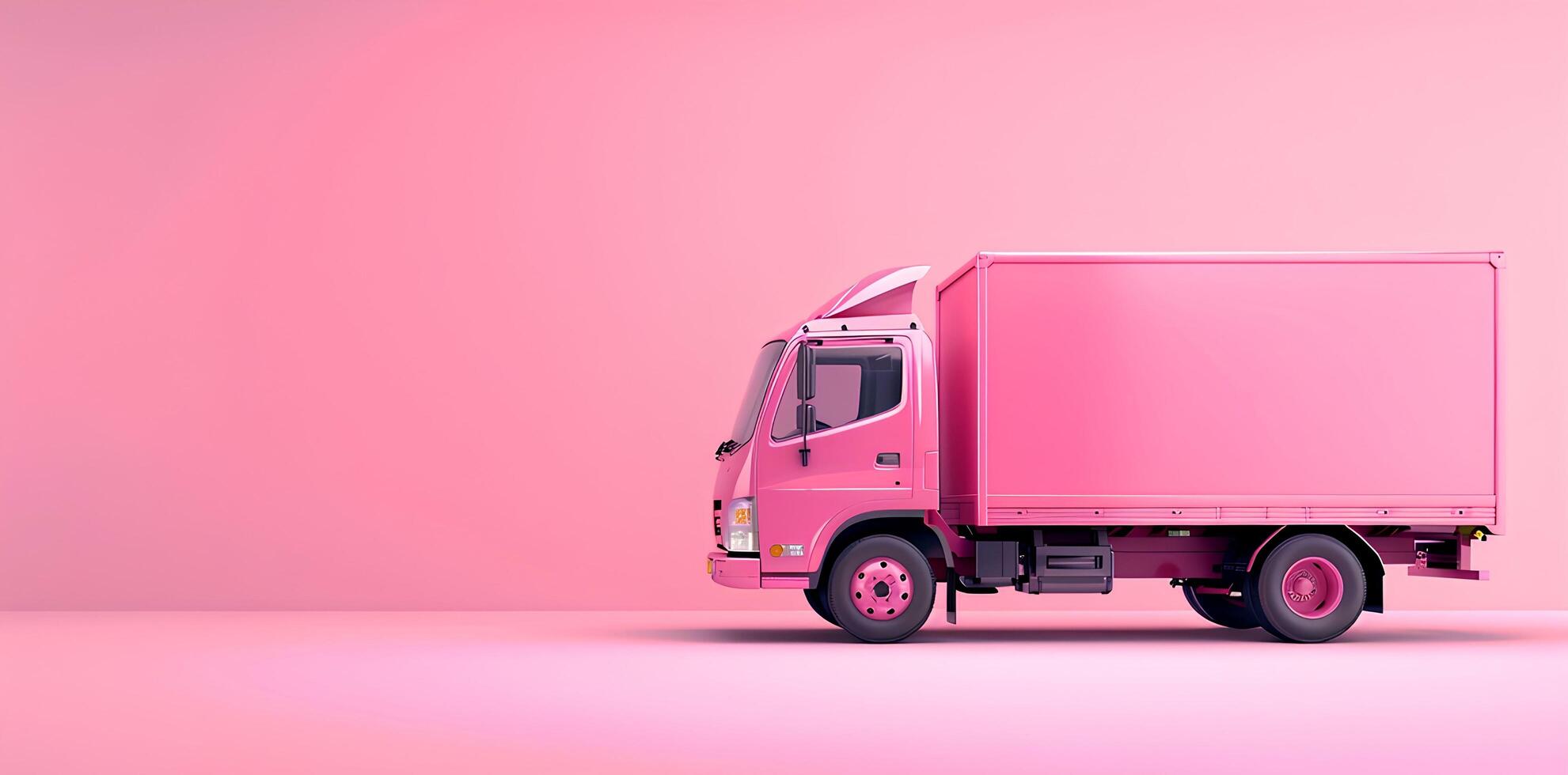 ai generiert Rosa Lieferung LKW mit Kisten auf ein Rosa Hintergrund, im das Stil von geformt, Anzeige Poster, Atmosphäre von traumhaft foto