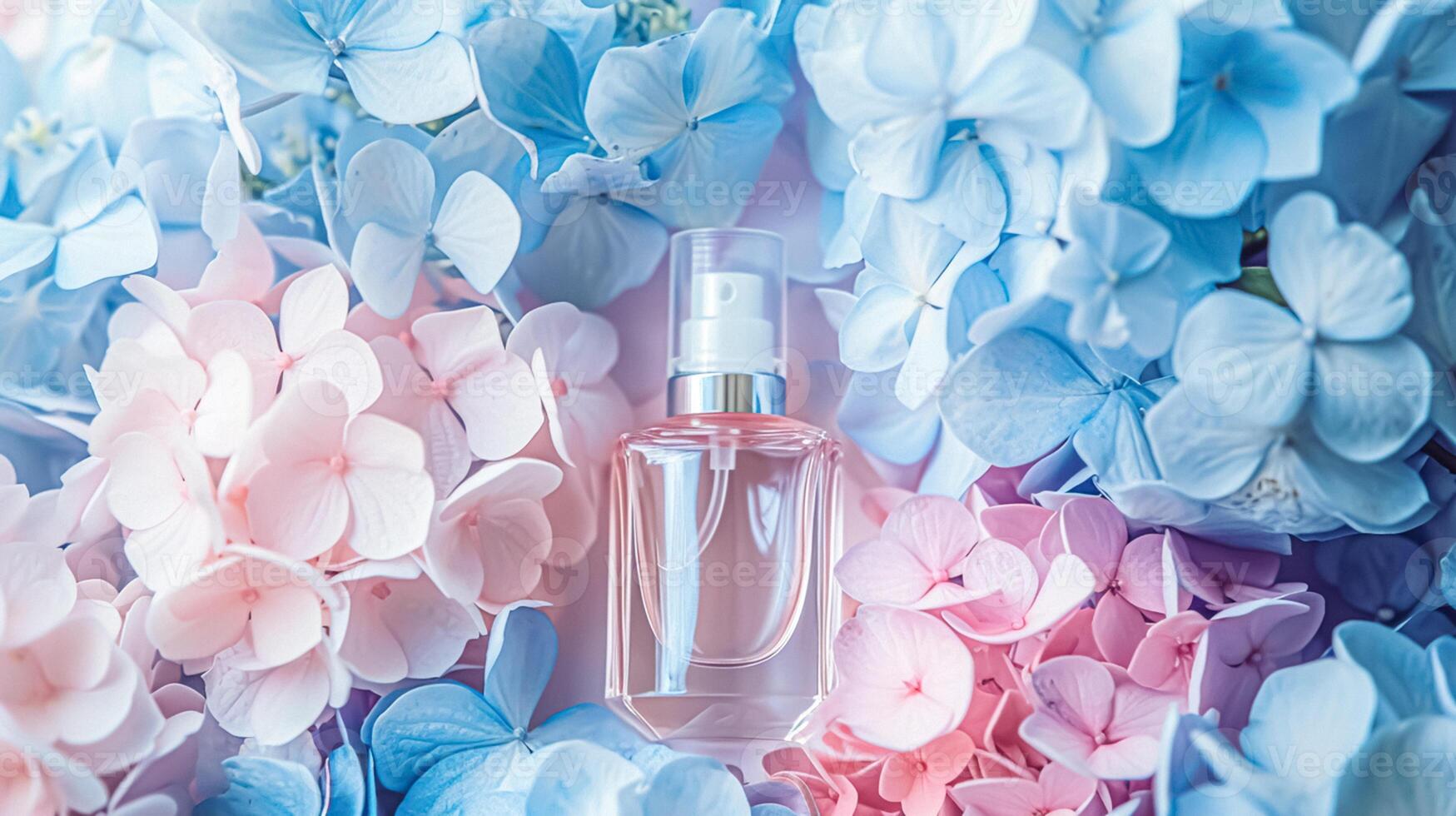 ai generiert Parfüm Flasche im Blumen, Duft auf Blühen Hintergrund, Blumen- Duft und kosmetisch Produkt foto