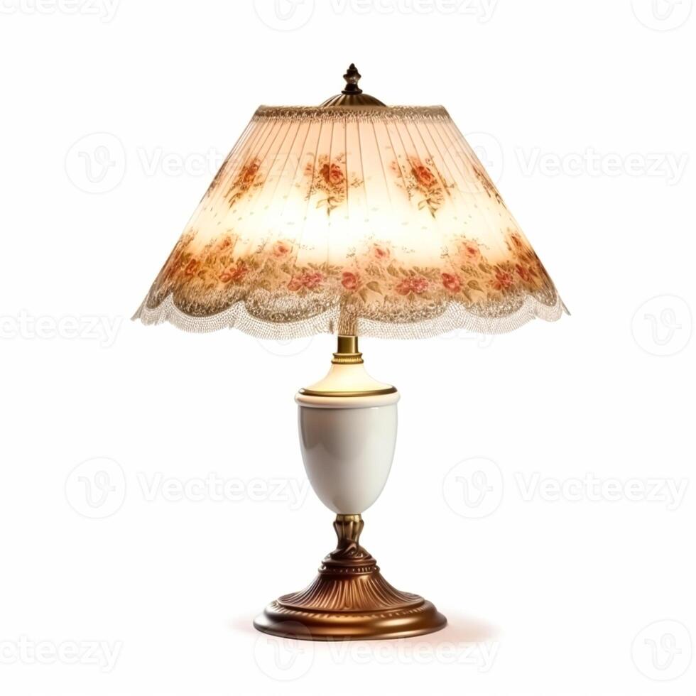 ai generiert Jahrgang Land Stil Antiquität Tabelle Lampe mit ein schön Lampenschirm Design isoliert auf Weiß Hintergrund, Innere Design und Hütte Zuhause Dekor, nachbearbeitet, generativ ai foto