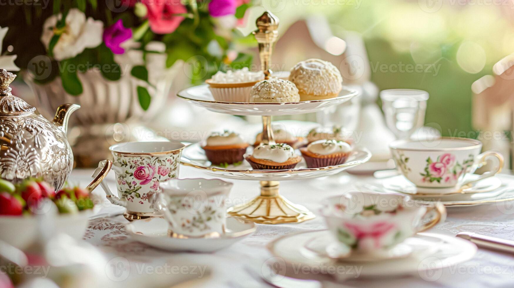 ai generiert herrlich Nachmittag Tee mit Kuchen und Gebäck foto