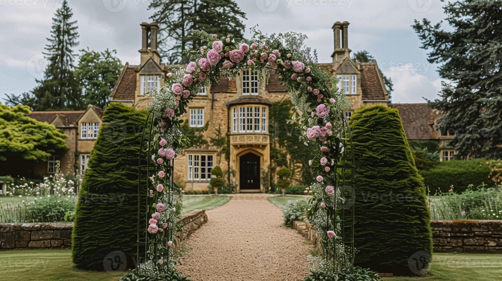 ai generiert Hochzeit Dekoration mit Pfingstrosen, Blumen- Dekor und Veranstaltung Feier, Pfingstrose Blumen und Hochzeit Zeremonie im das Garten, Englisch Land Stil foto