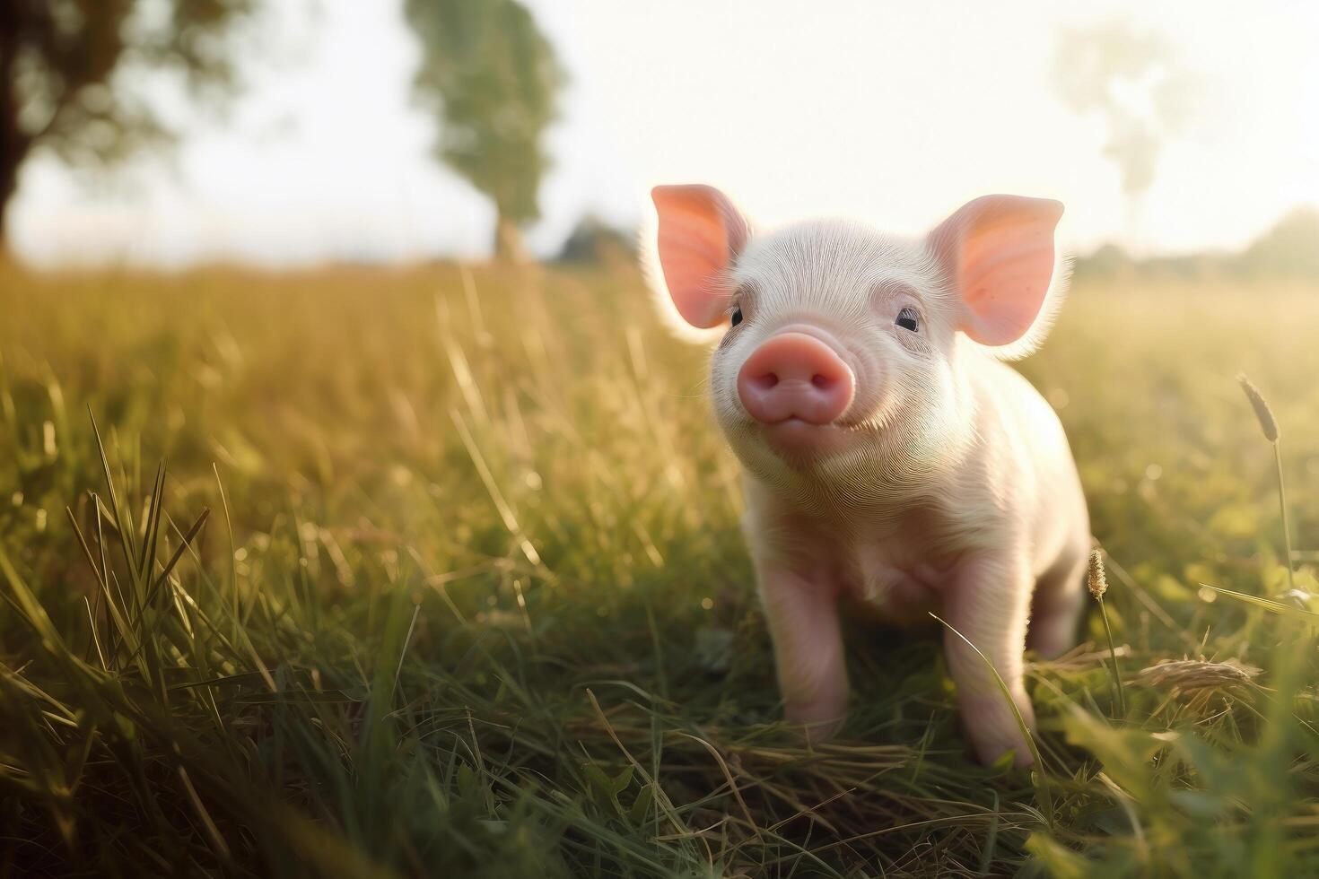 ai generiert süß Ferkel Sitzung auf Gras. Baby Schwein im das meadou auf sonnig Sommer. Bild ist gut zum Karte, Poster, Banner foto