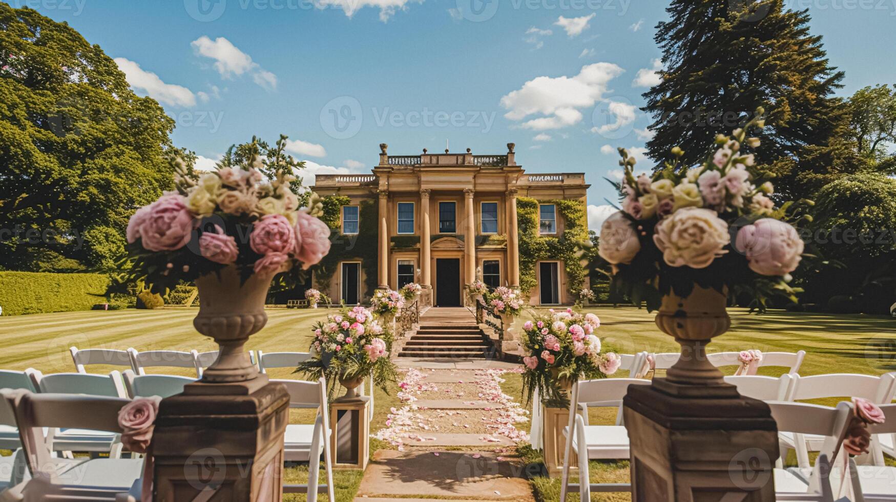 ai generiert Hochzeit Dekoration mit Pfingstrosen, Blumen- Dekor und Veranstaltung Feier, Pfingstrose Blumen und Hochzeit Zeremonie im das Garten, Englisch Land Stil foto