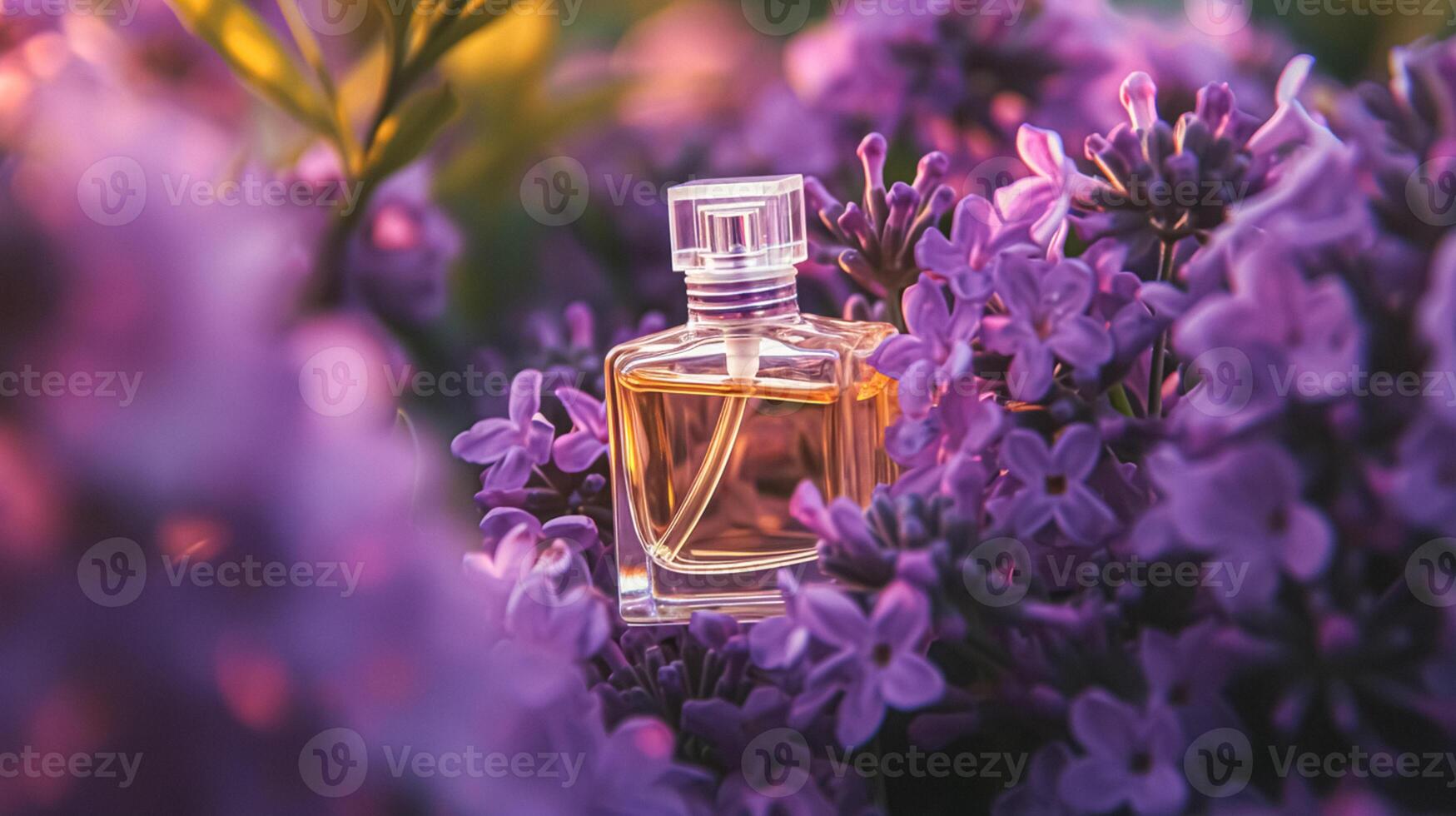 ai generiert Parfüm Flasche im Blumen, Duft auf Blühen Hintergrund, Blumen- Duft und kosmetisch Produkt foto