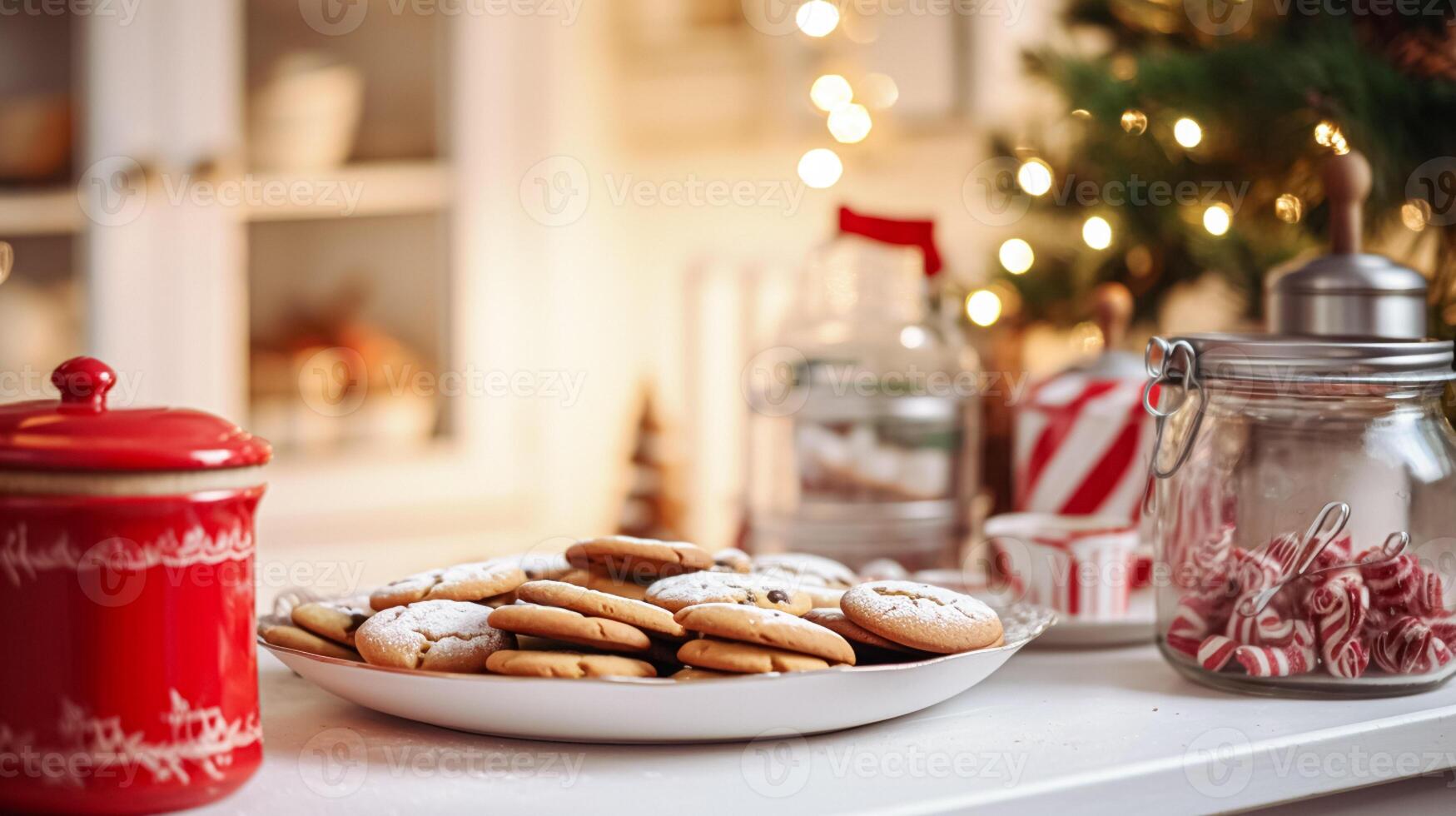 ai generiert Weihnachten Backen, Ferien Rezept und Zuhause Kochen, Urlaub backt, Zutaten und Vorbereitung im Englisch Land Hütte Küche, hausgemacht Essen und Kochbuch foto