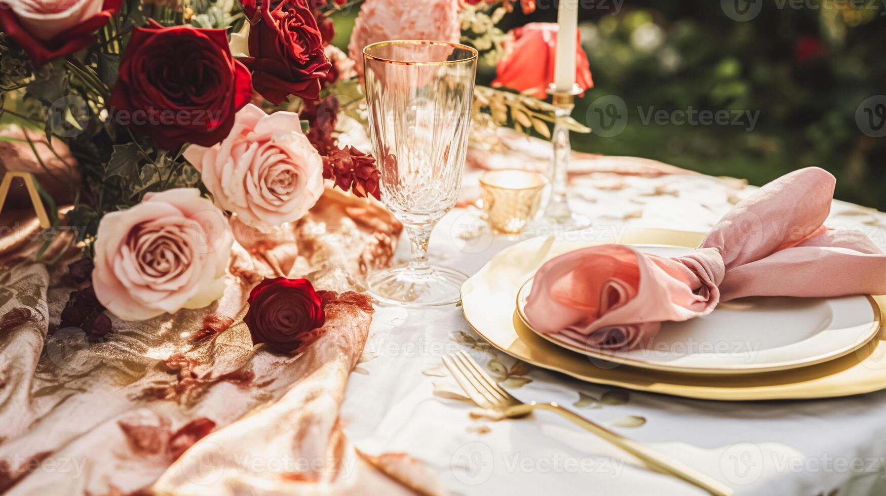 ai generiert Hochzeit und Veranstaltung Feier Tischlandschaft mit Blumen, formal Abendessen Tabelle Rahmen mit Rosen und Wein, elegant Blumen- Tabelle Dekor zum Abendessen Party und Urlaub Dekoration, Zuhause Styling foto