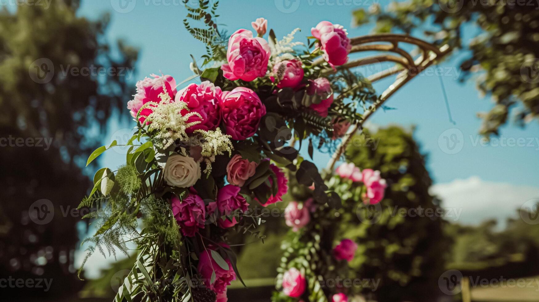 ai generiert Hochzeit Dekoration mit Pfingstrosen, Blumen- Dekor und Veranstaltung Feier, Pfingstrose Blumen und Hochzeit Zeremonie im das Garten, Englisch Land Stil foto