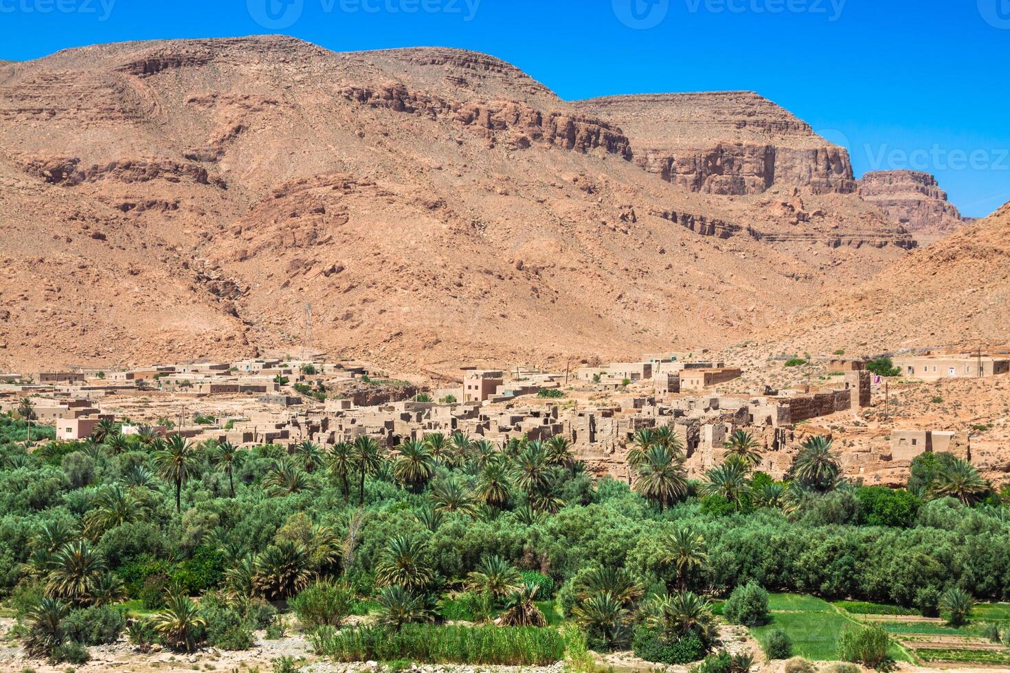 breit Aussicht von kultiviert Felder und Palmen im Errachidien Marokko Norden Afrika Afrika, tief Blau Himmel foto