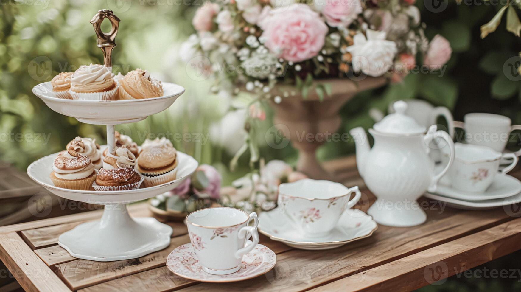 ai generiert herrlich Nachmittag Tee mit Kuchen und Gebäck foto