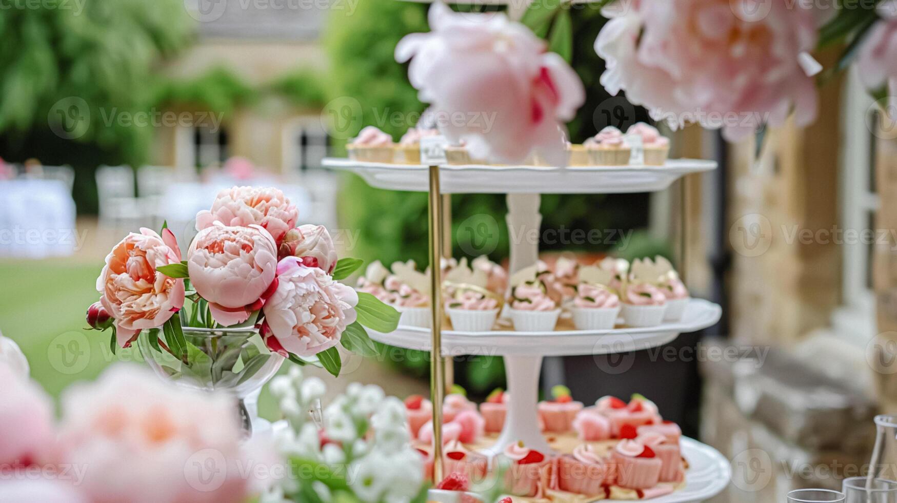 ai generiert Hochzeit Dekoration mit Pfingstrosen, Blumen- Dekor und Veranstaltung Feier, Pfingstrose Blumen und Hochzeit Zeremonie im das Garten, Englisch Land Stil foto