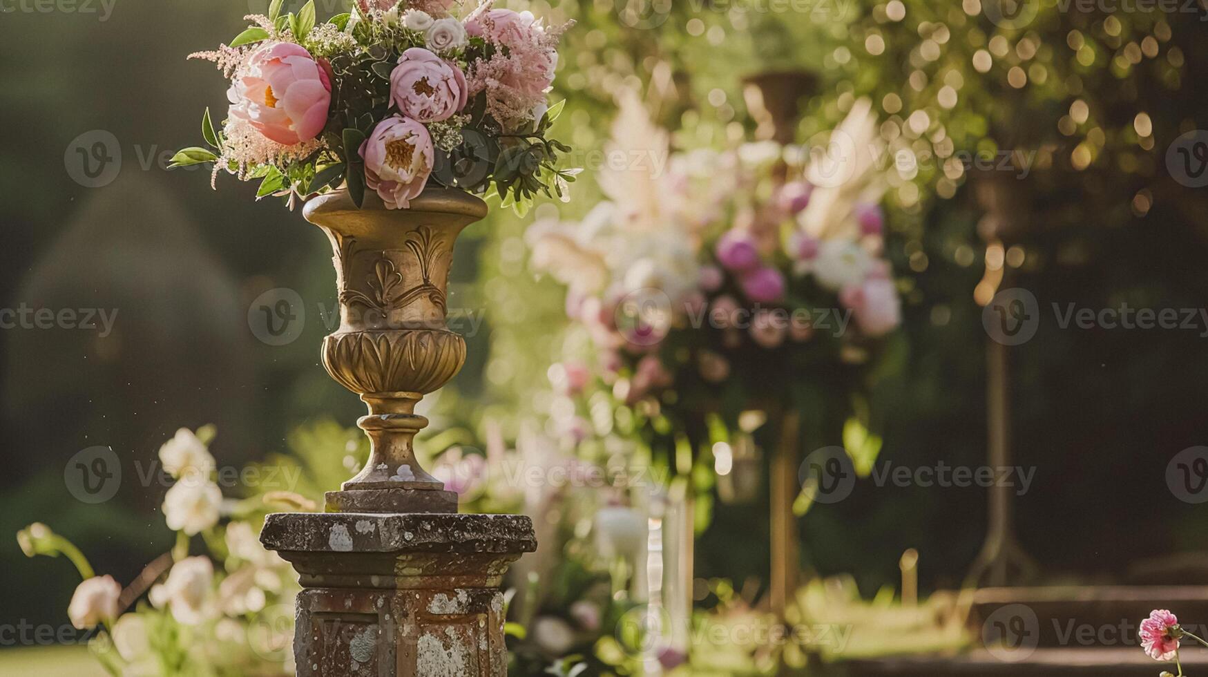 ai generiert Hochzeit Dekoration mit Pfingstrosen, Blumen- Dekor und Veranstaltung Feier, Pfingstrose Blumen und Hochzeit Zeremonie im das Garten, Englisch Land Stil foto