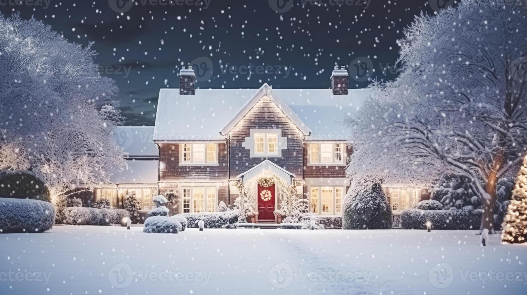 ai generiert Weihnachten im das Landschaft Herrenhaus, Englisch Land Haus Villa dekoriert zum Ferien auf ein schneebedeckt Winter Abend mit Schnee und Urlaub Beleuchtung, fröhlich Weihnachten und glücklich Ferien foto
