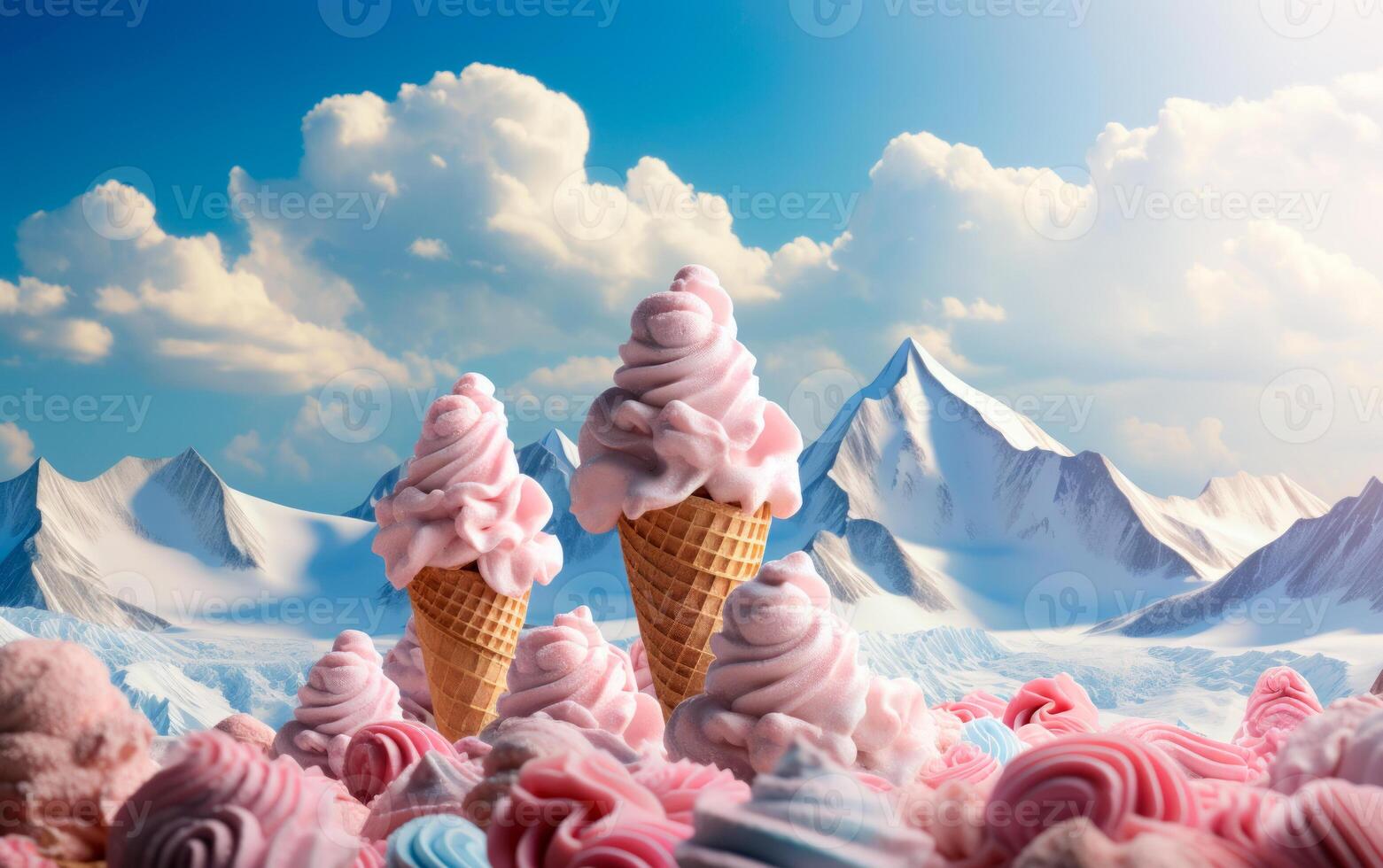 ai generiert kommerziell Landschaft Bild von bunt Feld mit Blau Himmel, Süßigkeiten Bäume und Eis Sahne Berge. Süss Sommer- Essen Konzept. komisch 3d Design von ein Süßigkeiten Land. foto