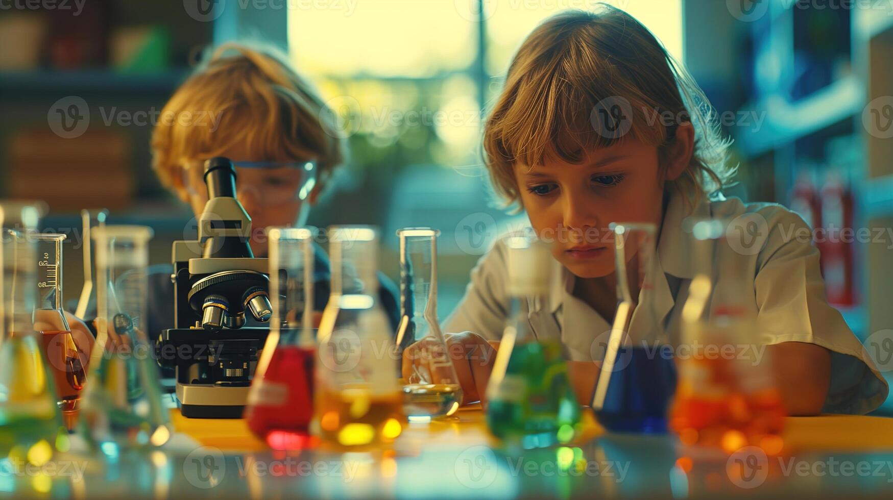 ai generiert Kinder beschäftigt, verlobt im ein Wissenschaft Experiment mit ein Mikroskop und bunt Prüfung Rohre, Raum zum lehrreich Inhalt. ,Stengel Konzept foto