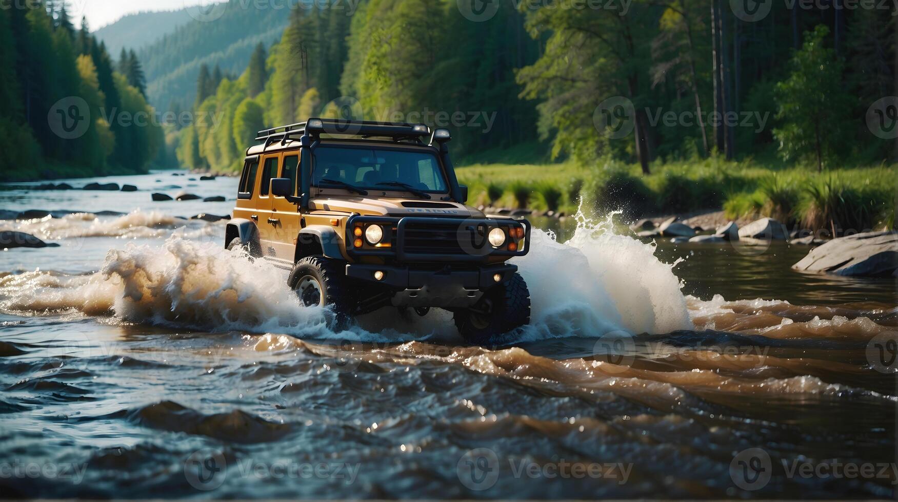 ai generiert modern aus Straße Fahrzeug Fahren Trog Fluss im das Wald, Auto Abenteuer Konzept, Automobil Hintergrund, Aktion Hintergrund foto