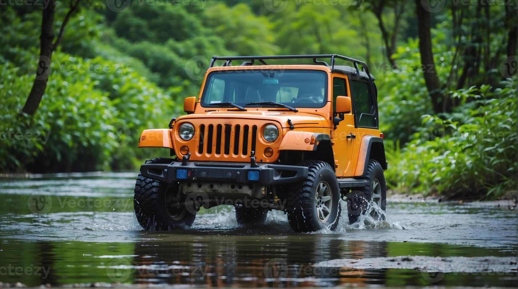 ai generiert modern aus Straße Fahrzeug Fahren Trog Fluss im das Wald, Auto Abenteuer Konzept, Automobil Hintergrund, Aktion Hintergrund foto