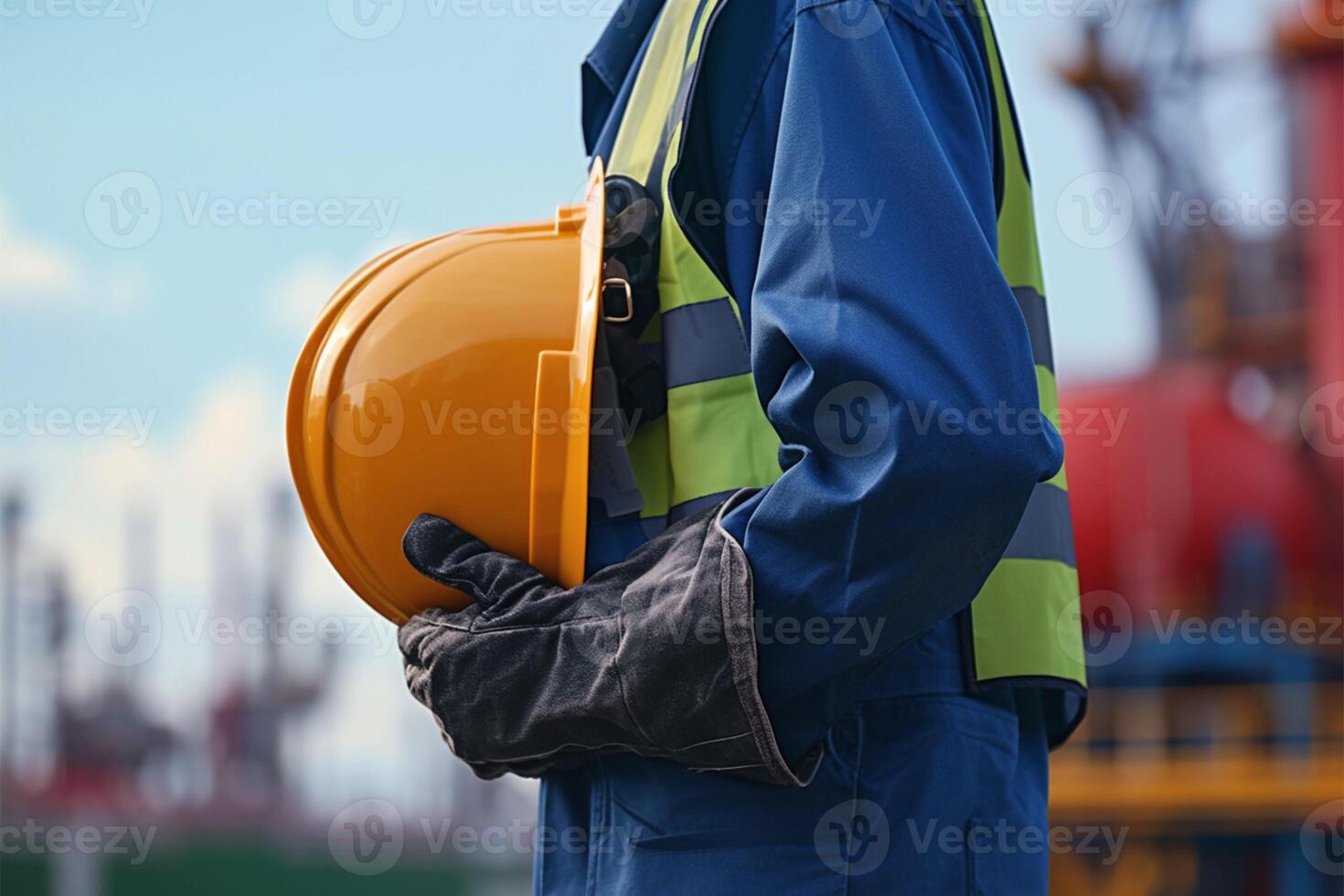 ai generiert Ingenieur hält Gelb Sicherheit Helm mit verschwommen Öl Tanker Hintergrund foto