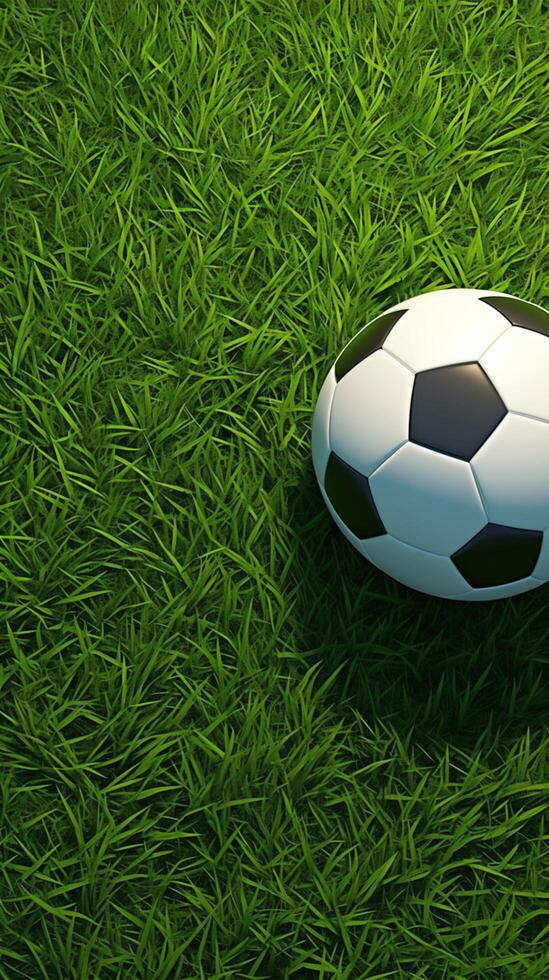 ai generiert 3d Rendern Fußball Ball Basic Muster auf beschwingt Grün Feld Vertikale Handy, Mobiltelefon Hintergrund foto