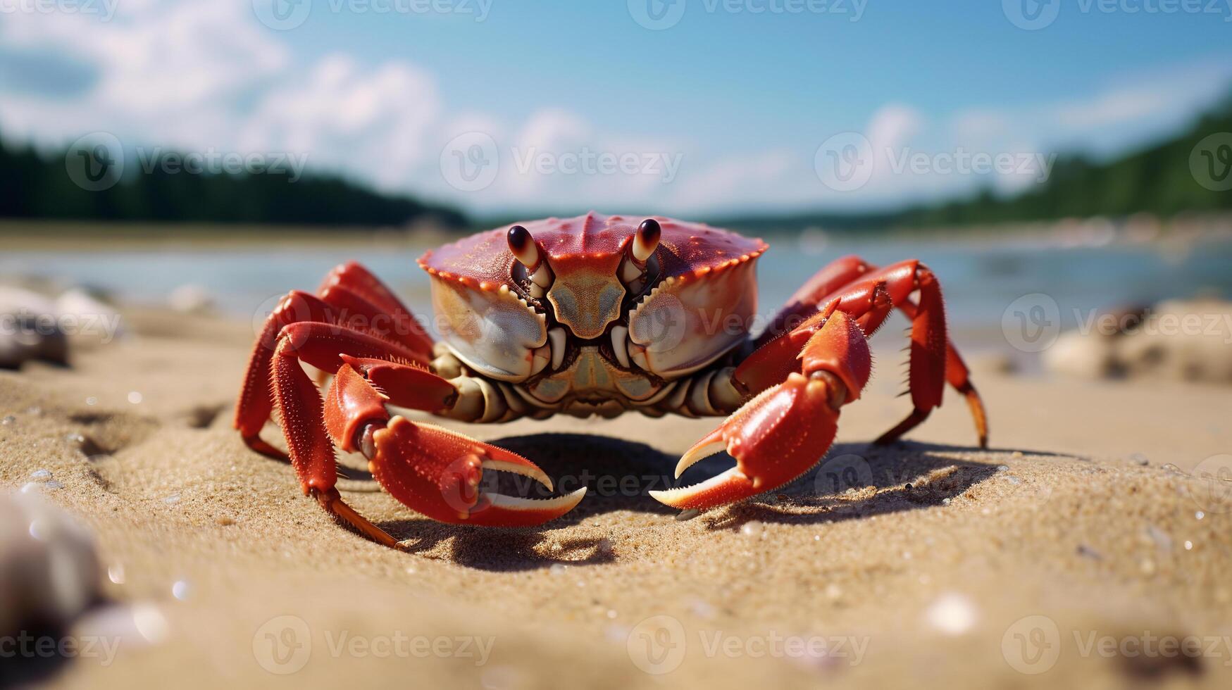 ai generiert ein beschwingt rot Krabbe auf ein schön sandig Strand, mit ein szenisch Hintergrund von Blau Himmel und ein Wald foto