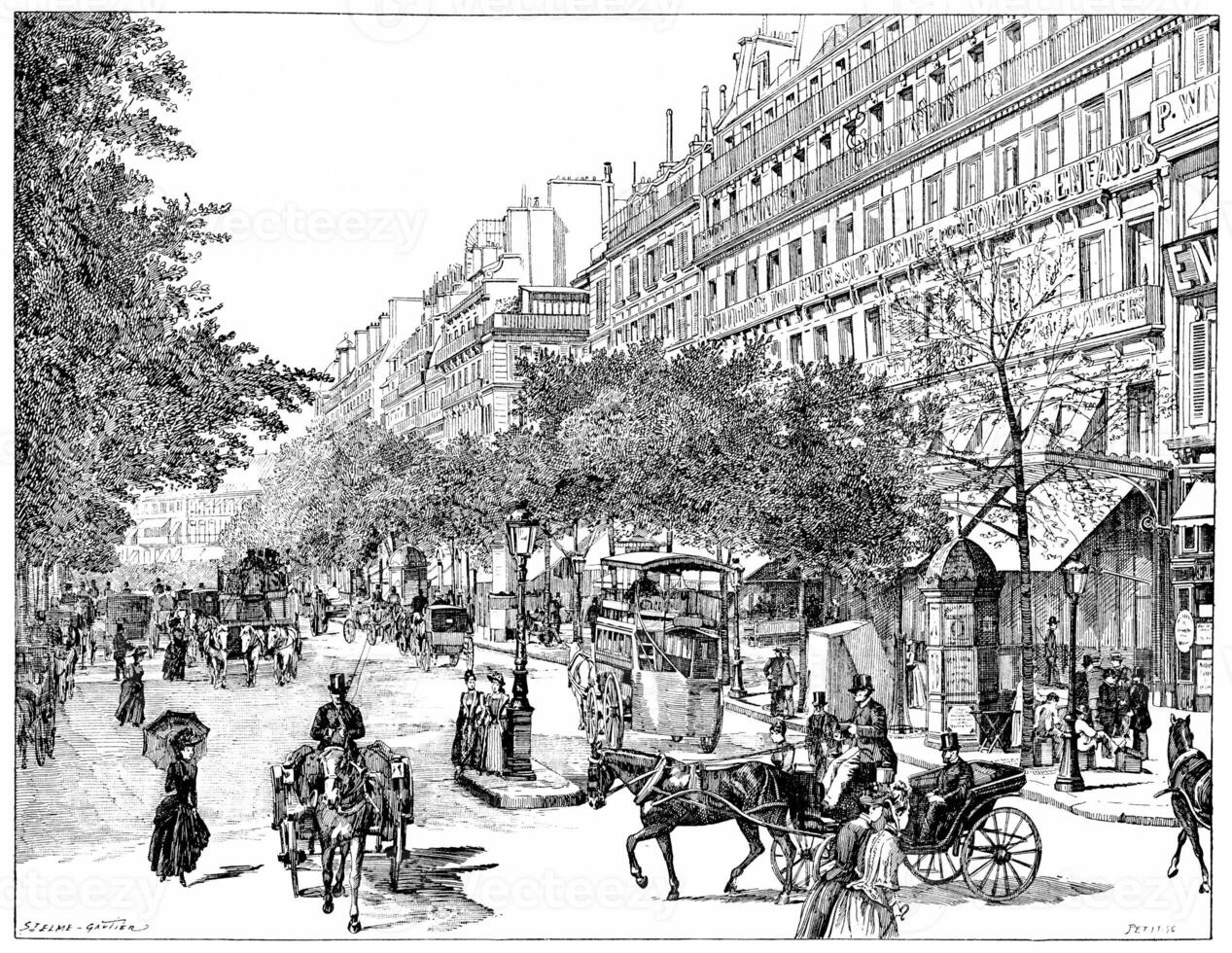 Boulevard Montmartre, Jahrgang Gravur. foto