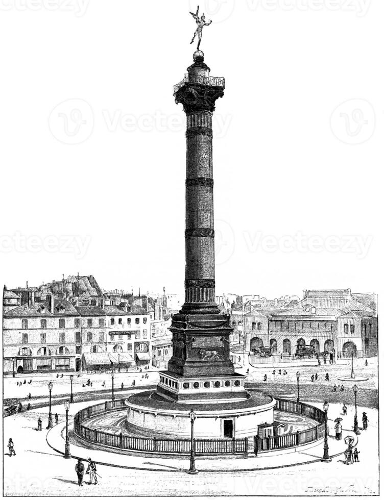 Juli Säule und Platz de la Bastille, Jahrgang Gravur. foto